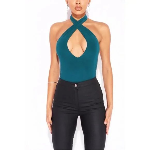 Green Sleeveless Halter Neck Keyhole Open Back Bodycon Bodysuit Leotard Top - Picture 8 of 13